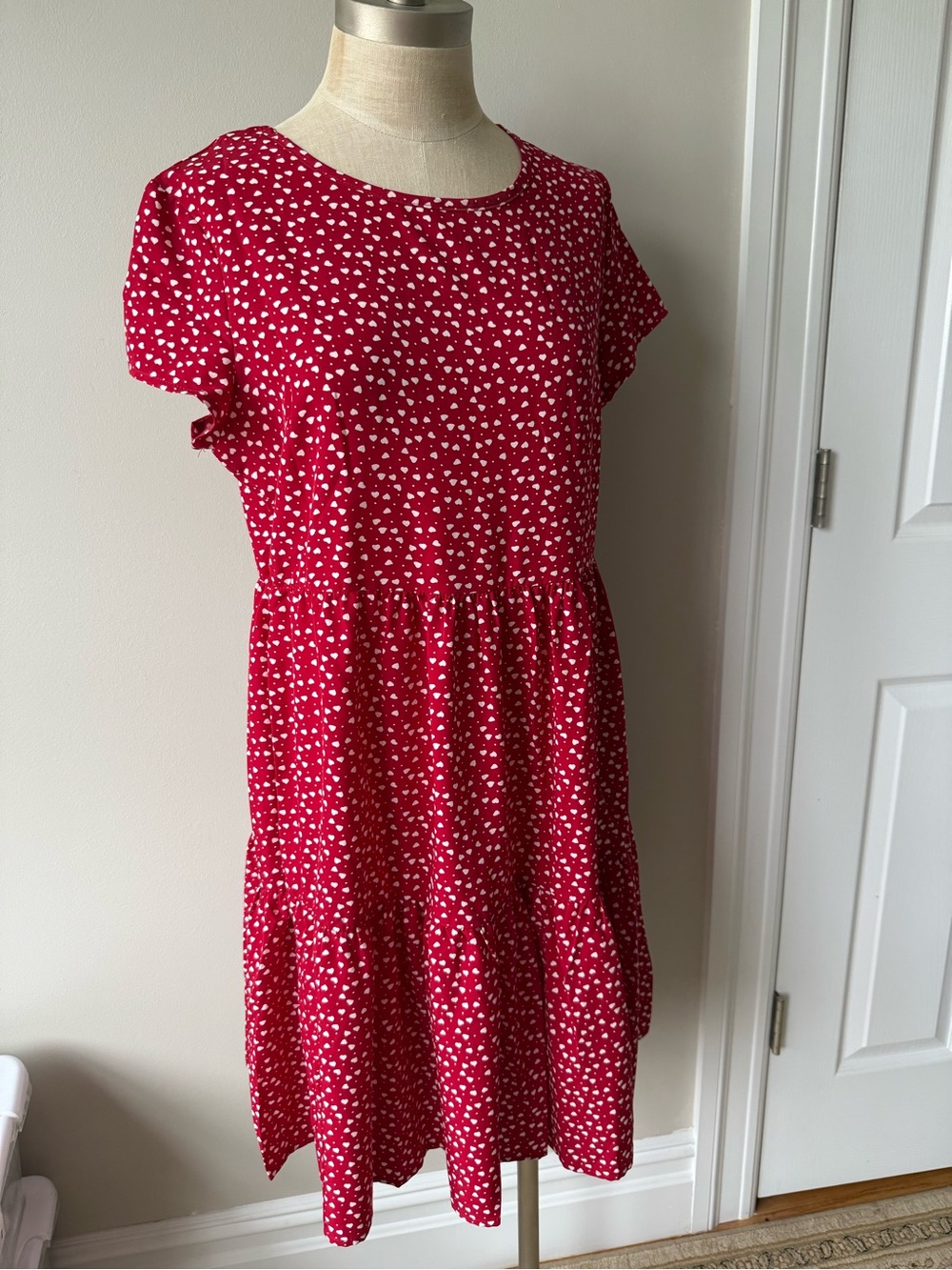 Red Heart Print Tiered Short Sleeve Dress